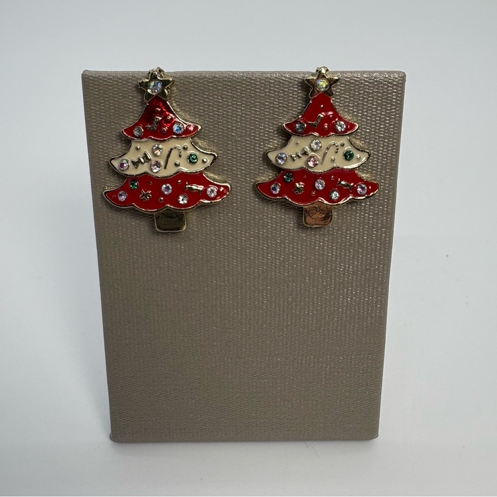 Red, White And Gold Tone Christmas Tree Stud Earrings